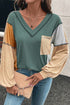 Exposed Seam Colorblock V Neck Patch Pocket Long Sleeve Top
