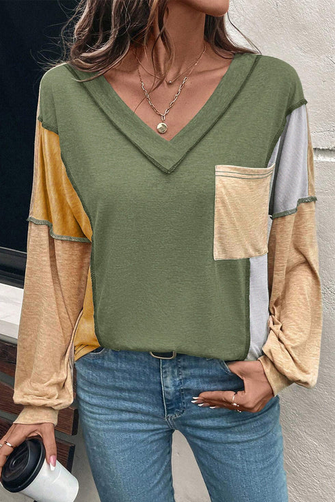 Exposed Seam Colorblock V Neck Patch Pocket Long Sleeve Top
