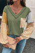 Exposed Seam Colorblock V Neck Patch Pocket Long Sleeve Top