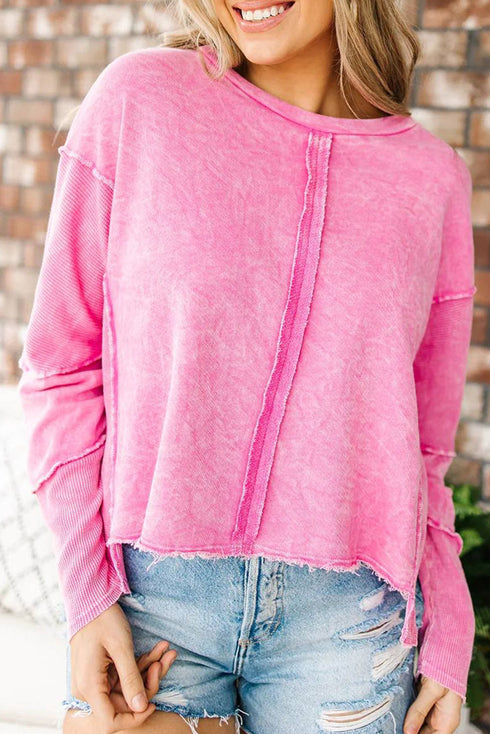 Exposed Seam Detail High Low Raw Hem Sweatshirt