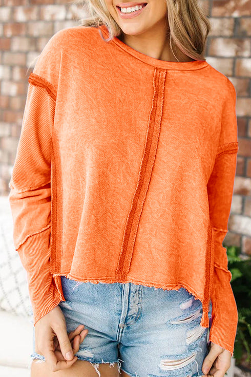 Exposed Seam Detail High Low Raw Hem Sweatshirt