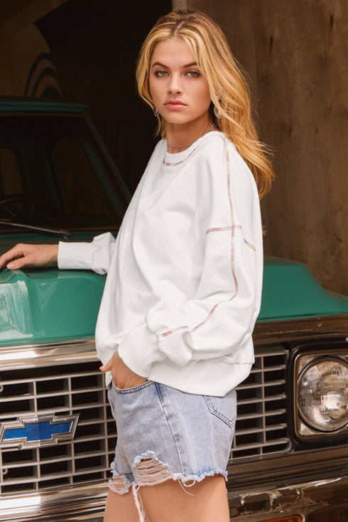 Exposed Seam Detail Long Sleeve Pullover Sweatshirt