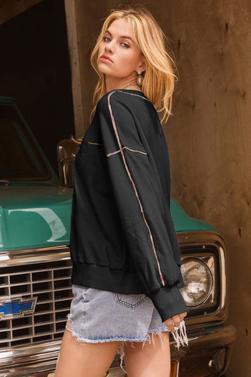 Exposed Seam Detail Long Sleeve Pullover Sweatshirt