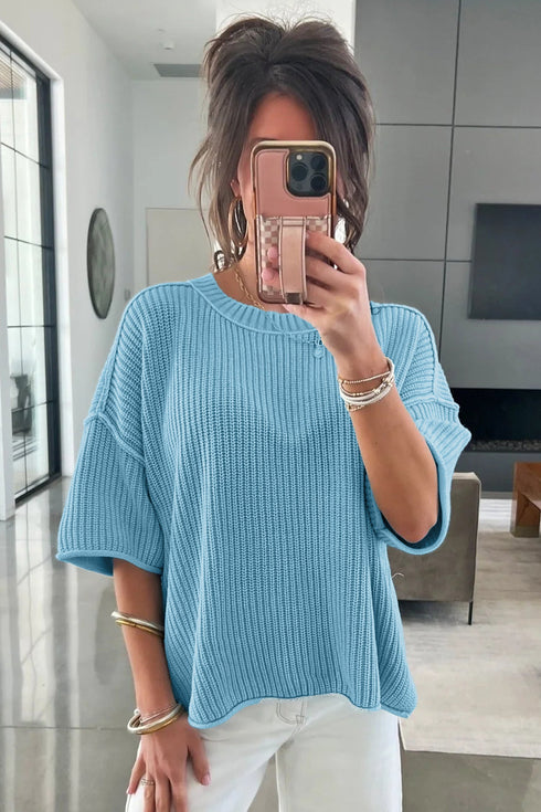Exposed Seam Detail Loose Knit Short Sleeve Sweater