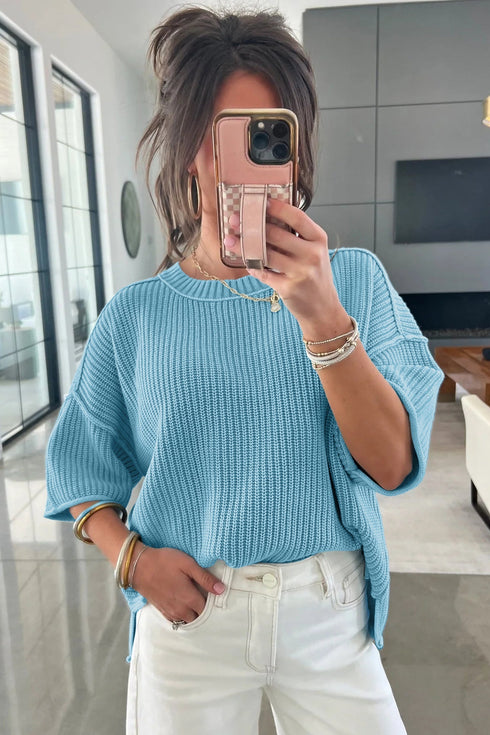 Exposed Seam Detail Loose Knit Short Sleeve Sweater