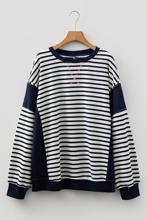 Exposed Seam Detail Patchwork Stripe Pullover Sweatshirt