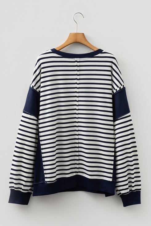 Exposed Seam Detail Patchwork Stripe Pullover Sweatshirt