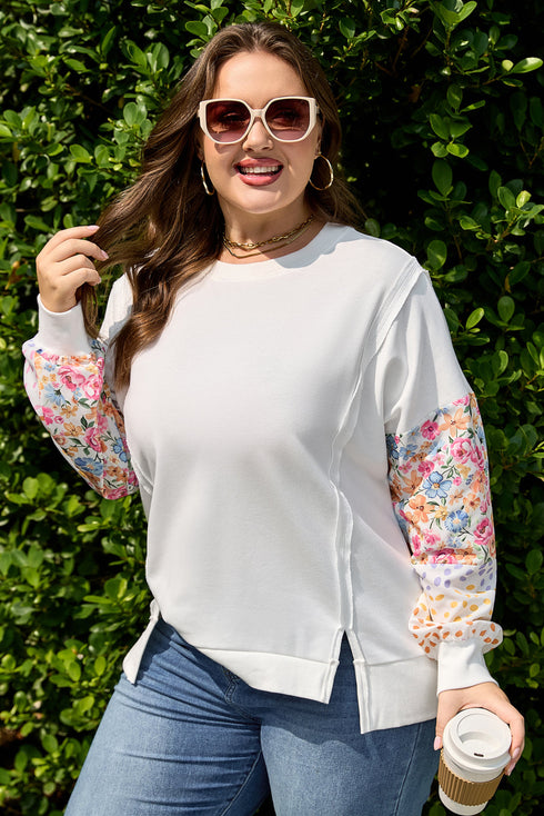 Exposed Seam Dot Floral Patchwork Sleeve Plus Size Sweatshirt