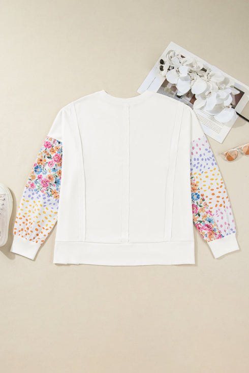 Exposed Seam Dot Floral Patchwork Sleeve Plus Size Sweatshirt