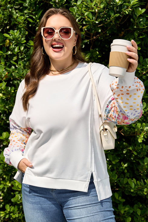 Exposed Seam Dot Floral Patchwork Sleeve Plus Size Sweatshirt
