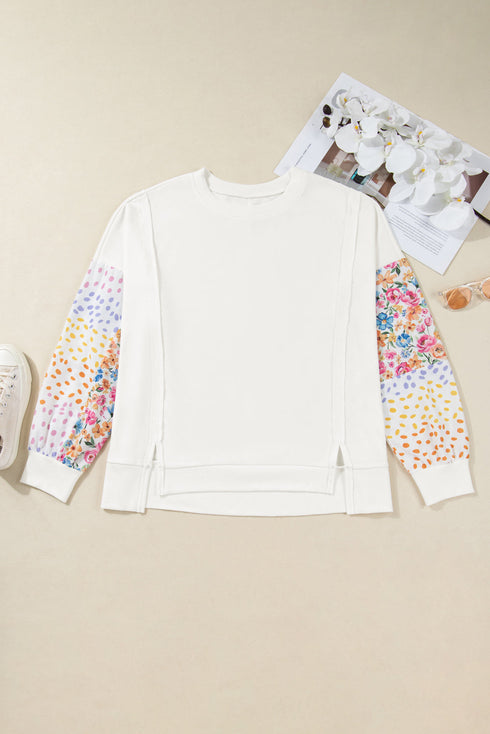 Exposed Seam Dot Floral Patchwork Sleeve Plus Size Sweatshirt