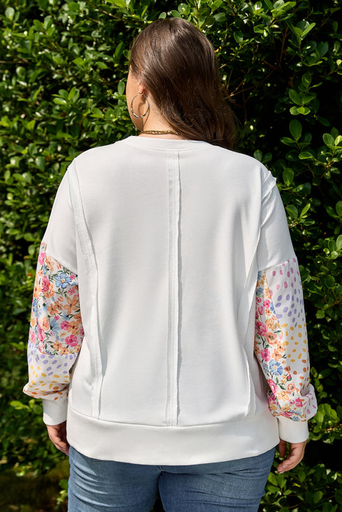 Exposed Seam Dot Floral Patchwork Sleeve Plus Size Sweatshirt
