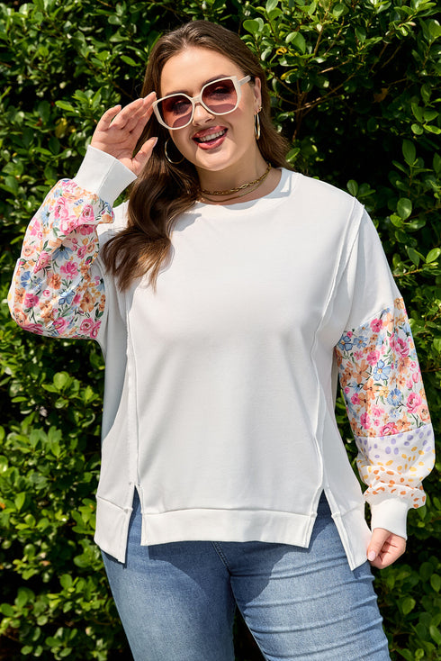 Exposed Seam Dot Floral Patchwork Sleeve Plus Size Sweatshirt