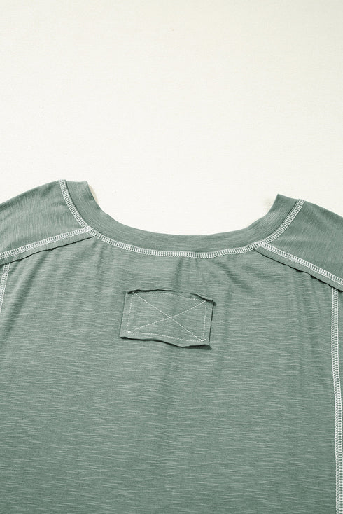 Exposed Seam Drop Shoulder Patchwork Henley Long Sleeve Top
