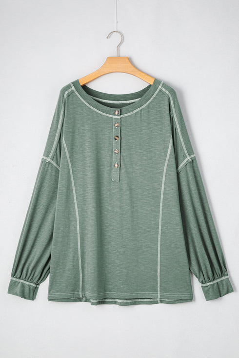 Exposed Seam Drop Shoulder Patchwork Henley Long Sleeve Top