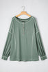Exposed Seam Drop Shoulder Patchwork Henley Long Sleeve Top