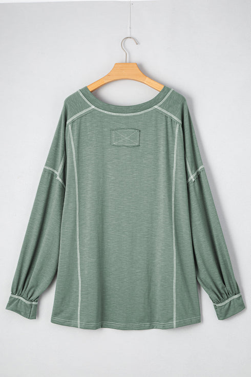 Exposed Seam Drop Shoulder Patchwork Henley Long Sleeve Top