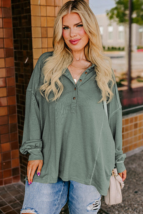 Exposed Seam Drop Shoulder Patchwork Henley Long Sleeve Top