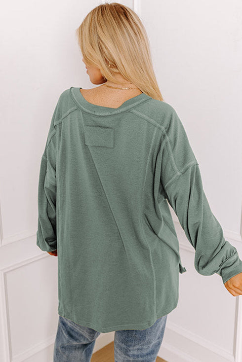 Exposed Seam Drop Shoulder Patchwork Henley Long Sleeve Top