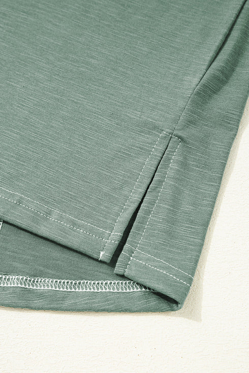 Exposed Seam Drop Shoulder Patchwork Henley Long Sleeve Top