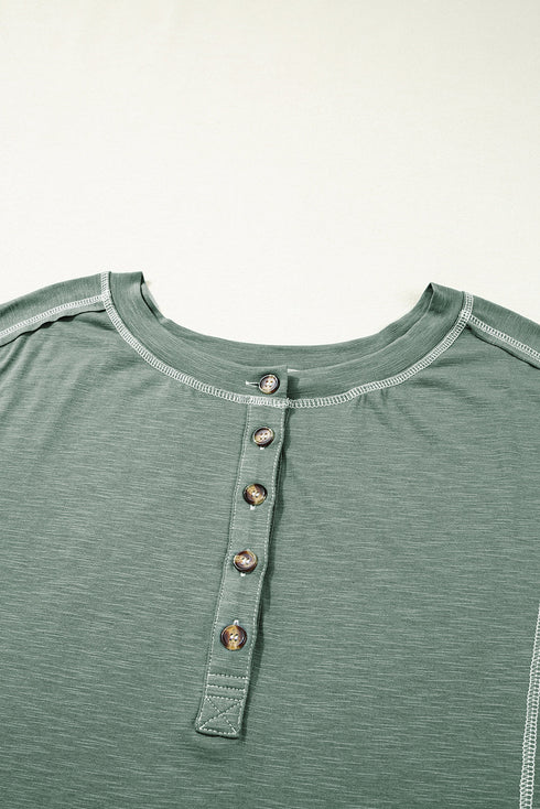 Exposed Seam Drop Shoulder Patchwork Henley Long Sleeve Top