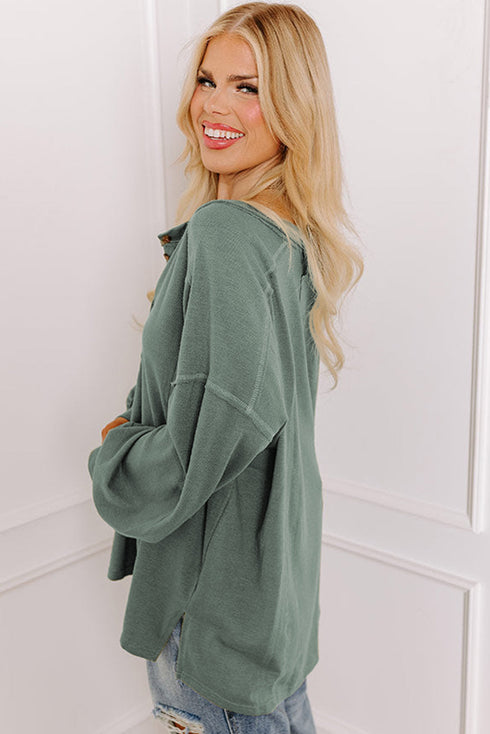 Exposed Seam Drop Shoulder Patchwork Henley Long Sleeve Top