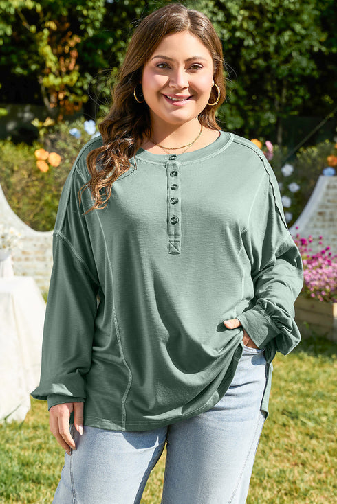 Exposed Seam Drop Shoulder Patchwork Henley Long Sleeve Top