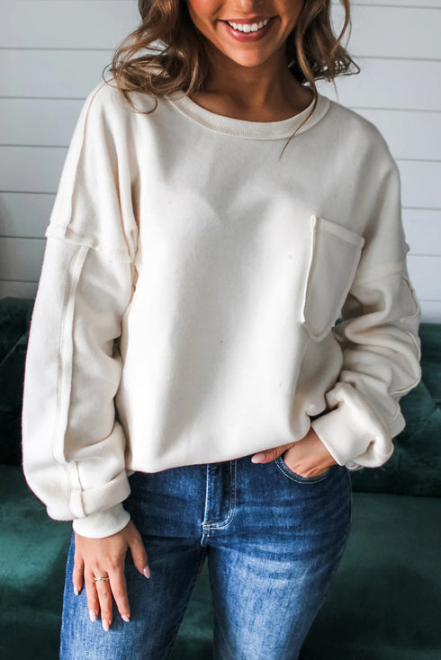 Exposed Seam Drop Shoulder Pocket Pullover Sweatshirt