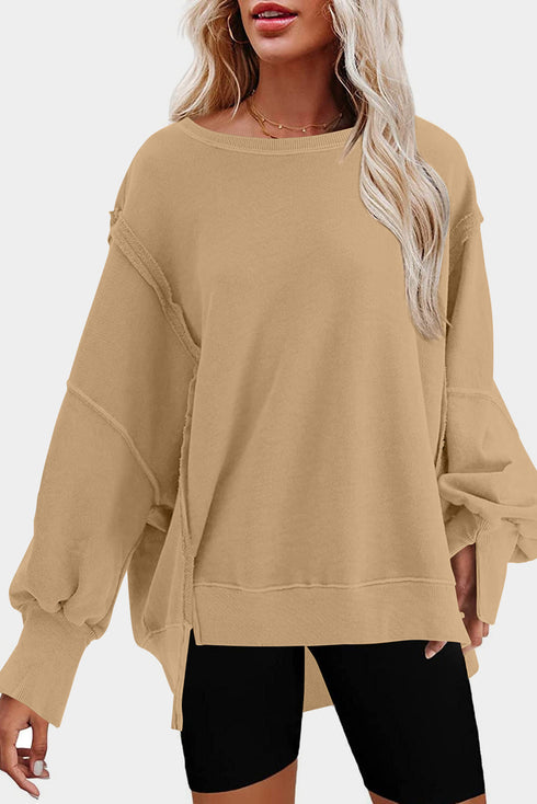 Exposed Seam Drop Shoulder Slit High Low Hem Sweatshirt