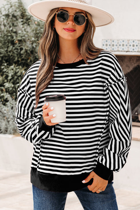 Exposed Seam Drop Shoulder Striped Cotton Blend Pullover Top