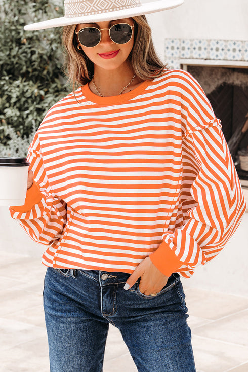 Exposed Seam Drop Shoulder Striped Cotton Blend Pullover Top