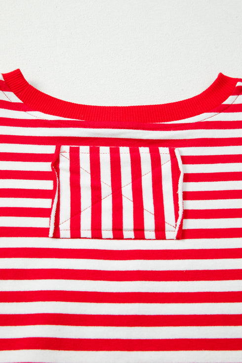 Exposed Seam Drop Shoulder Striped Cotton Blend Pullover Top
