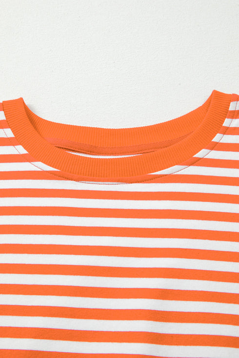 Exposed Seam Drop Shoulder Striped Cotton Blend Pullover Top
