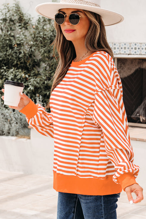 Exposed Seam Drop Shoulder Striped Cotton Blend Pullover Top