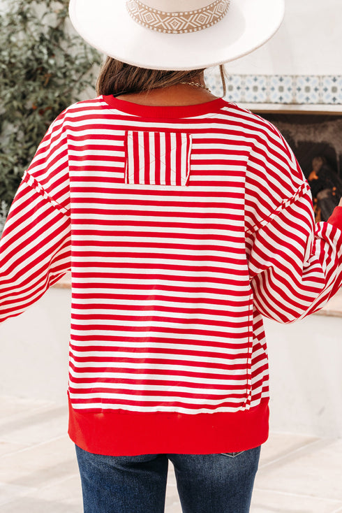 Exposed Seam Drop Shoulder Striped Cotton Blend Pullover Top