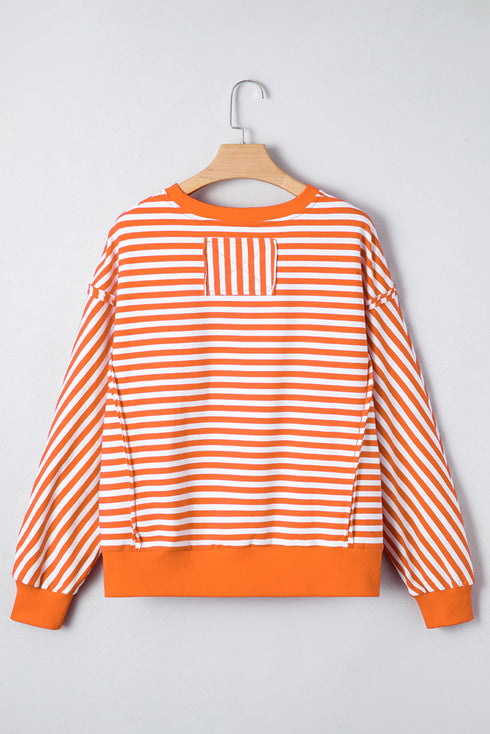 Exposed Seam Drop Shoulder Striped Cotton Blend Pullover Top