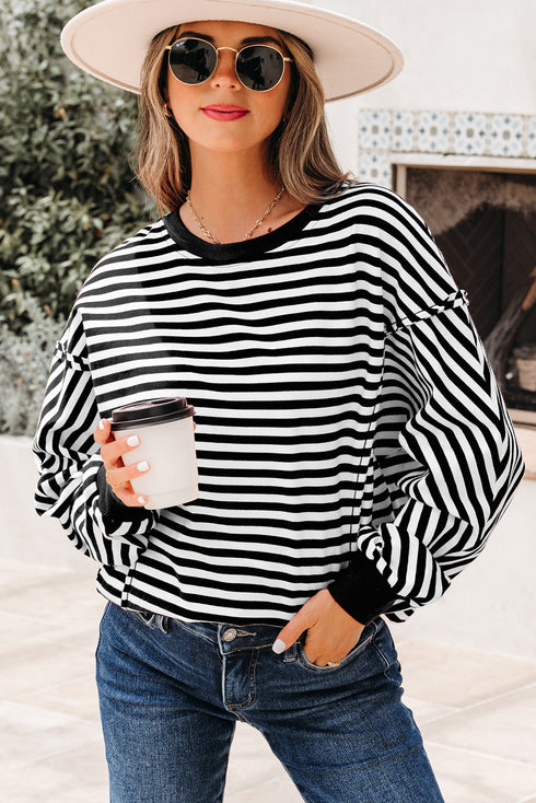 Exposed Seam Drop Shoulder Striped Cotton Blend Pullover Top