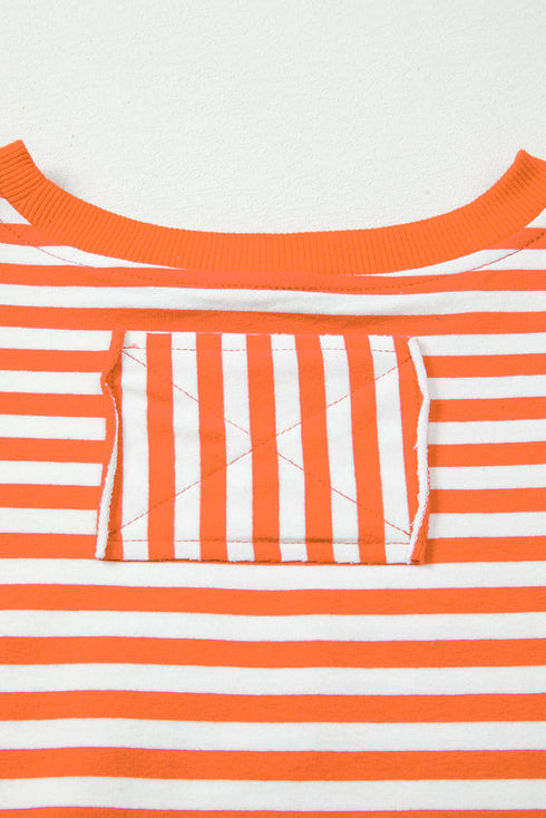 Exposed Seam Drop Shoulder Striped Cotton Blend Pullover Top
