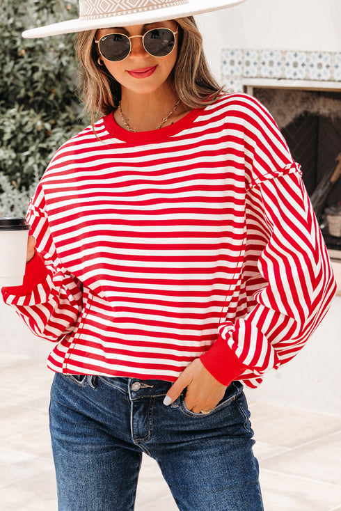 Exposed Seam Drop Shoulder Striped Cotton Blend Pullover Top
