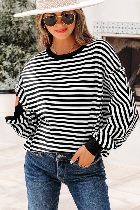 Exposed Seam Drop Shoulder Striped Cotton Blend Pullover Top
