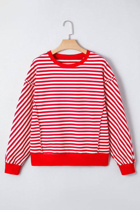 Exposed Seam Drop Shoulder Striped Cotton Blend Pullover Top