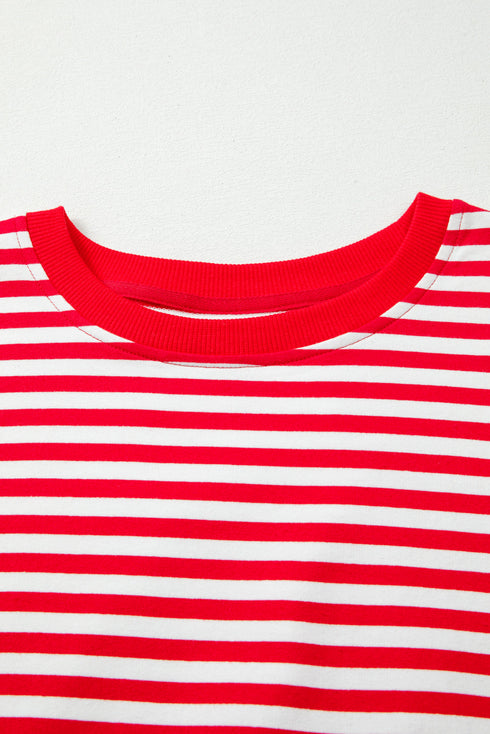 Exposed Seam Drop Shoulder Striped Cotton Blend Pullover Top
