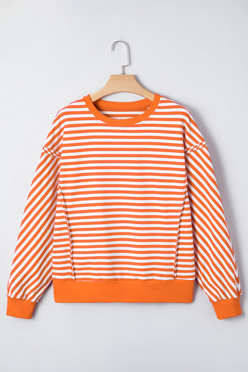Exposed Seam Drop Shoulder Striped Cotton Blend Pullover Top