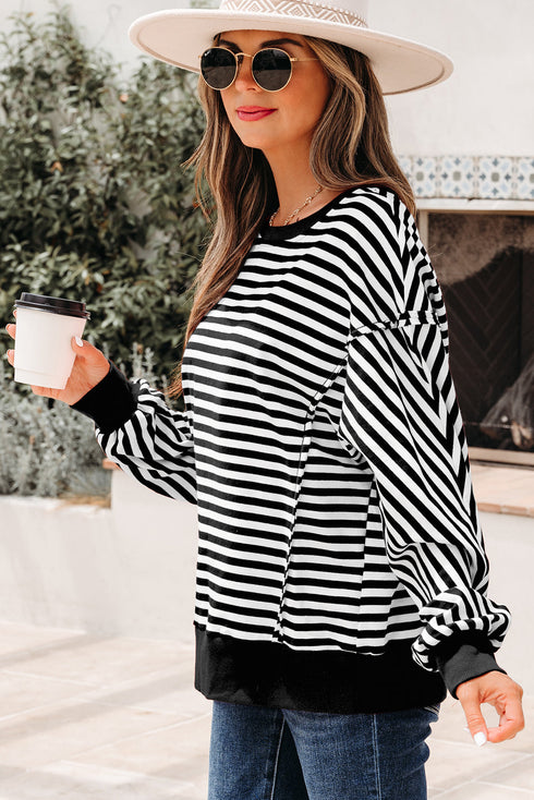 Exposed Seam Drop Shoulder Striped Cotton Blend Pullover Top