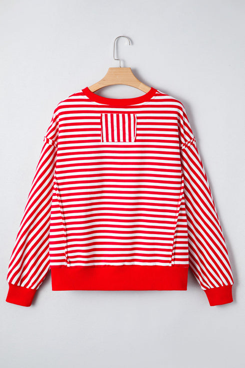 Exposed Seam Drop Shoulder Striped Cotton Blend Pullover Top