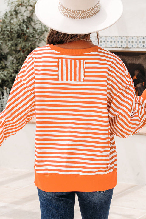 Exposed Seam Drop Shoulder Striped Cotton Blend Pullover Top