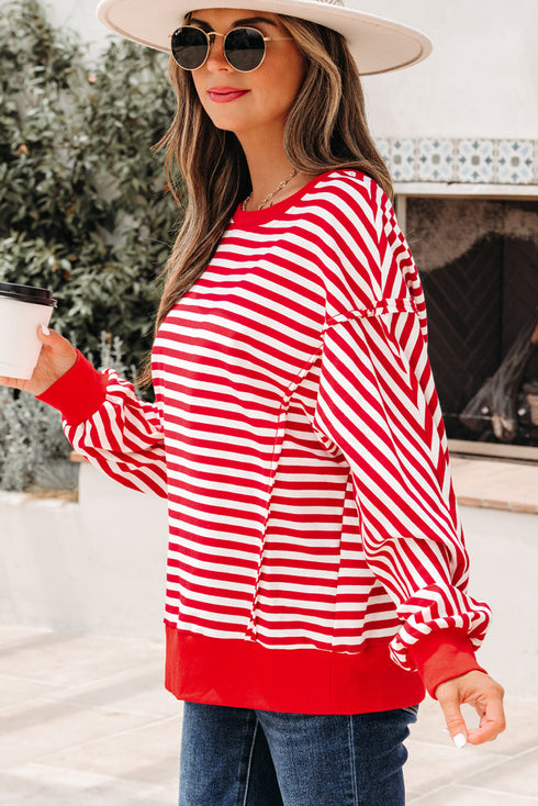 Exposed Seam Drop Shoulder Striped Cotton Blend Pullover Top