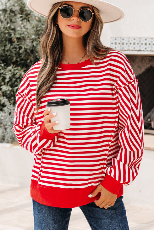 Exposed Seam Drop Shoulder Striped Cotton Blend Pullover Top