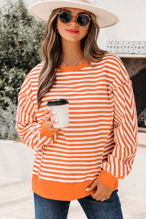 Exposed Seam Drop Shoulder Striped Cotton Blend Pullover Top