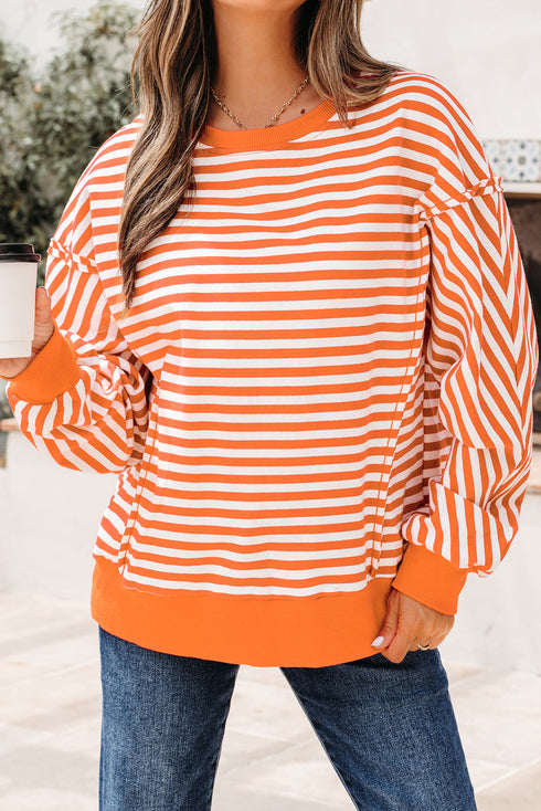 Exposed Seam Drop Shoulder Striped Cotton Blend Pullover Top
